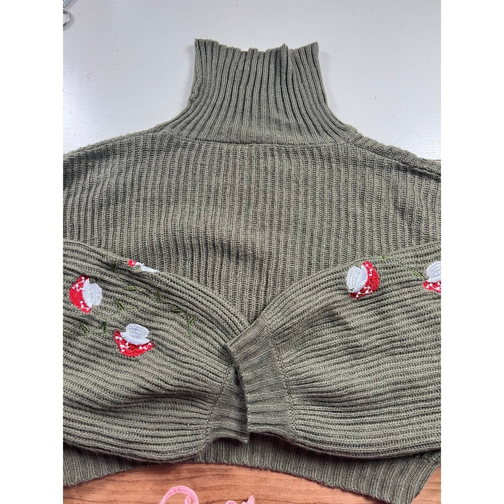 Romwe Sweater Turtleneck Cropped y2K Mushroom Embroidered Ribbed  S whimsygoth